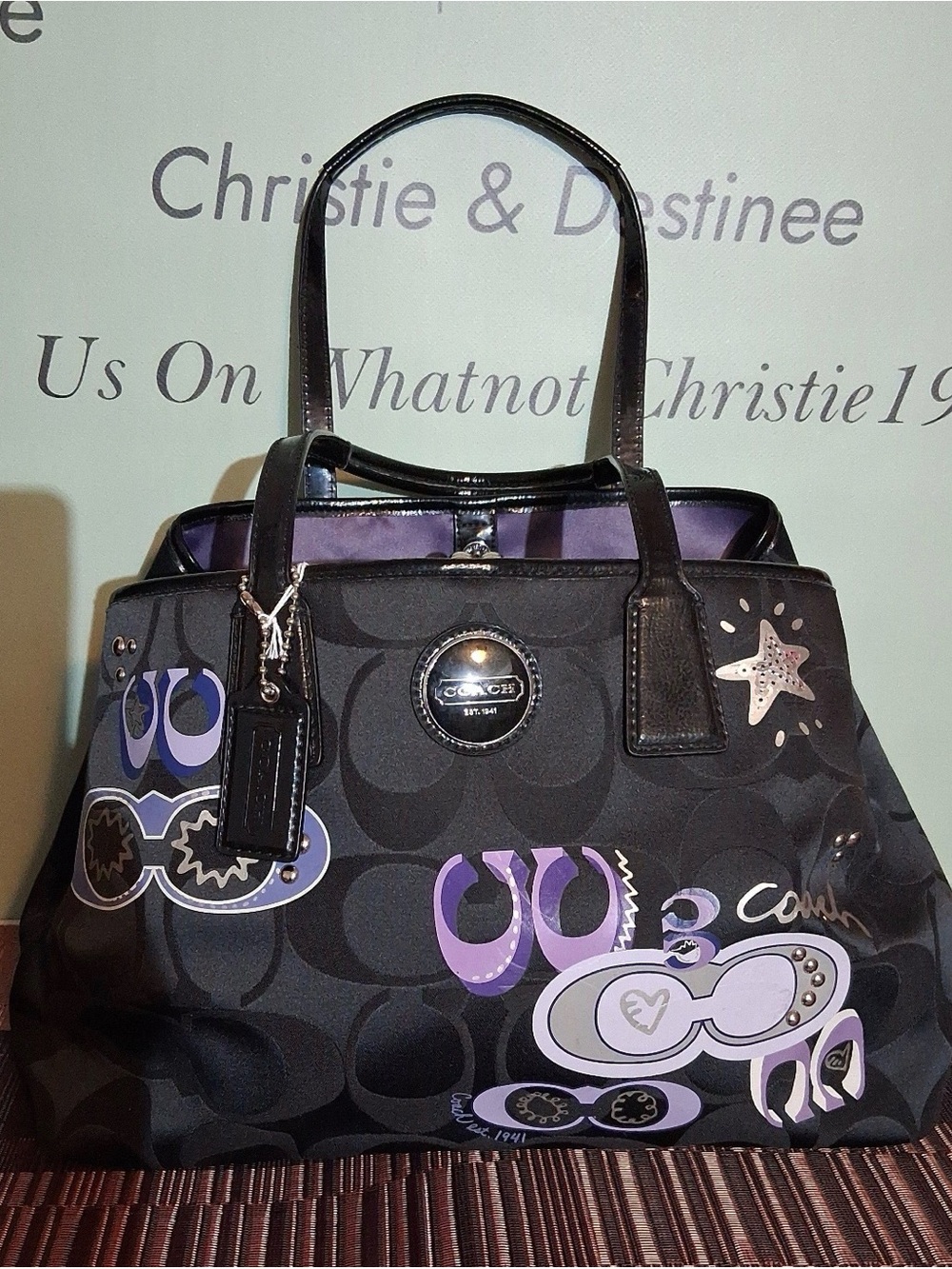 Coach Logo Tote Bag Black/ Purple Kiss Lock Double Handles